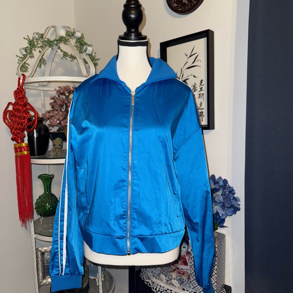 Zara Blue Bomber Jacket with Satin Finish white stripe